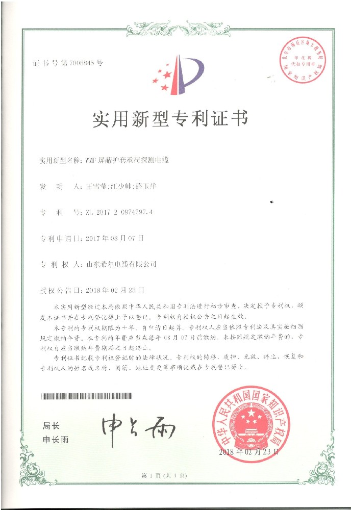 新型专利-WMF屏蔽护套承荷探测电缆